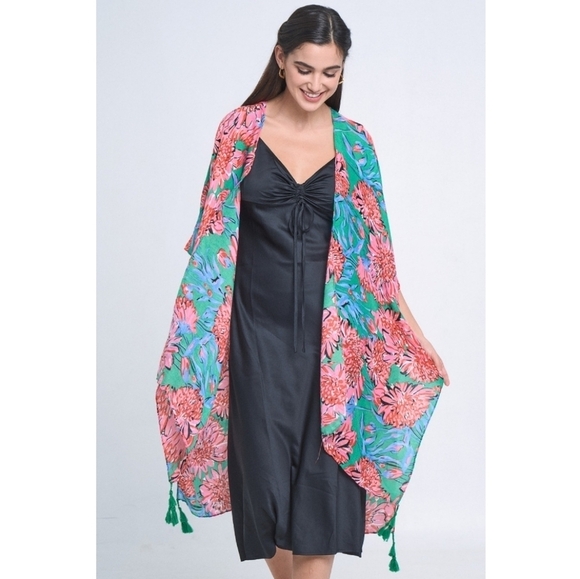 Do Everything In Love Floral Kimono Swim Coverup Boho Tassels Green Pink O/S - Picture 2 of 10